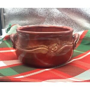 BA Signed Ox Blood Handled Ceramic Studio‎ Art Soup Bowl Red VTG Stoneware